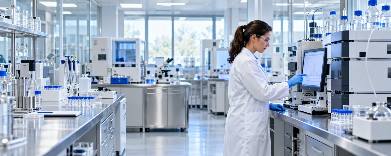 Illustrative pharmaceutical laboratory with a scientist and quality control instruments